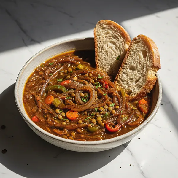 Caramelized onion Vegetbale stew with lentils and sourdough bread